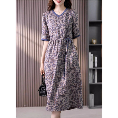 gentle wind print dress women's  summer new Korean version temperament lace-up thin floral dress