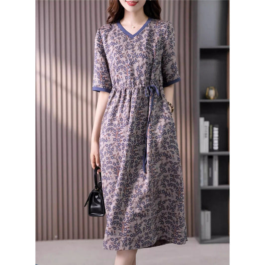 gentle wind print dress women's  summer new Korean version temperament lace-up thin floral dress