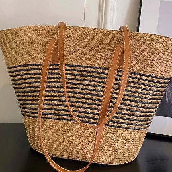 FLOWERSVERSE  Straw Bag Women's Summer Seaside Tote Bag Large Capacity Woven Shoulder Bag Rattan Woven Straw Bag Vegetable Basket Bucket Bag Fashion
