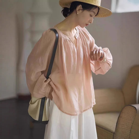 Women's shirt spring soft mist powder long-sleeved shirt wrinkled hemp texture ramie loose sunscreen shirt top versatile 220610