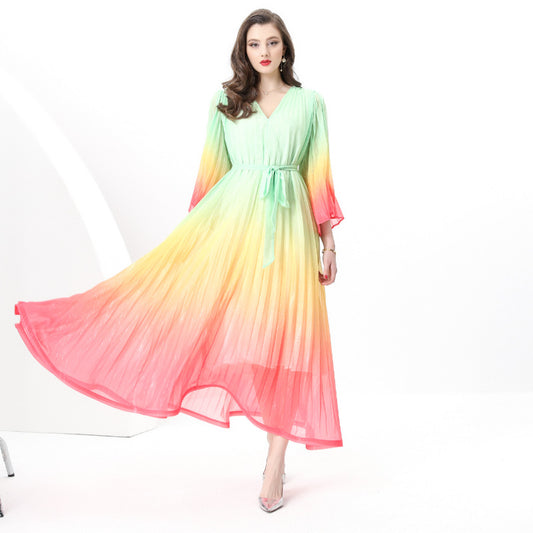 style gradual change color V-neck dress women's spring horn sleeve pleated strap design chic beautiful long skirt