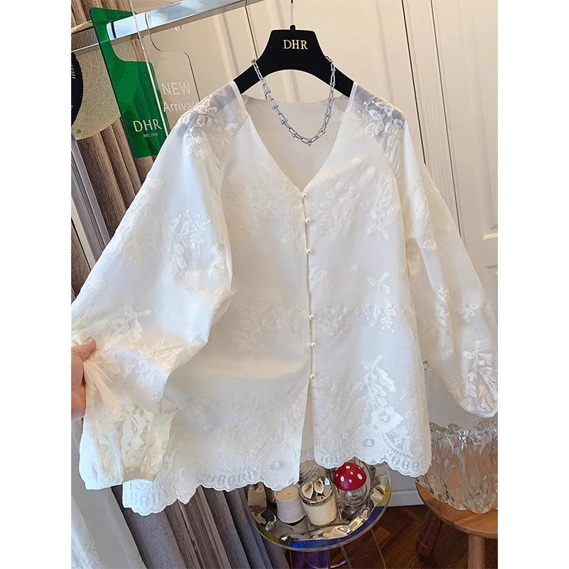 3587 Spot Lace Shirt Summer  New Premium Embroidered Shirt Large Size New Chinese National Style Top