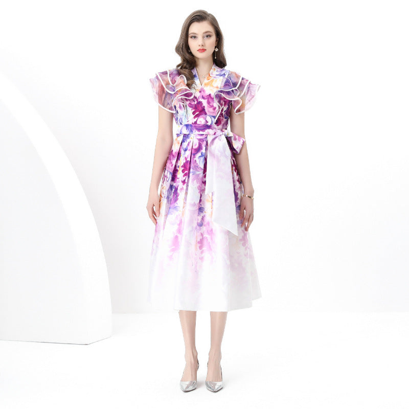 Popular trade  women's vacation wrap-up lace-up style V-neck flying sleeves long retro printed dress