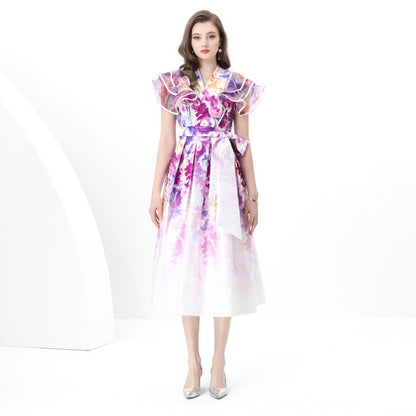 Popular trade  women's vacation wrap-up lace-up style V-neck flying sleeves long retro printed dress