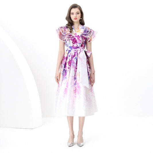 Popular trade  women's vacation wrap-up lace-up style V-neck flying sleeves long retro printed dress