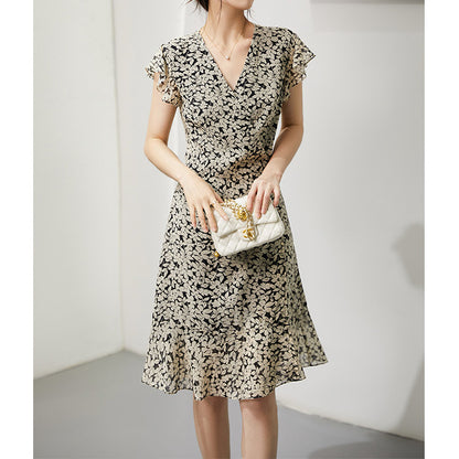 2025 Heavy silk georgette  floral skirt mulberry silk coffee break dress summer dopamine wear women's clothing