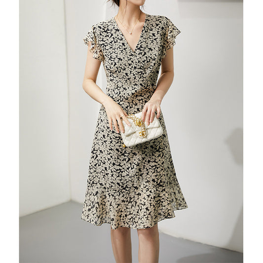 2025 Heavy silk georgette  floral skirt mulberry silk coffee break dress summer dopamine wear women's clothing