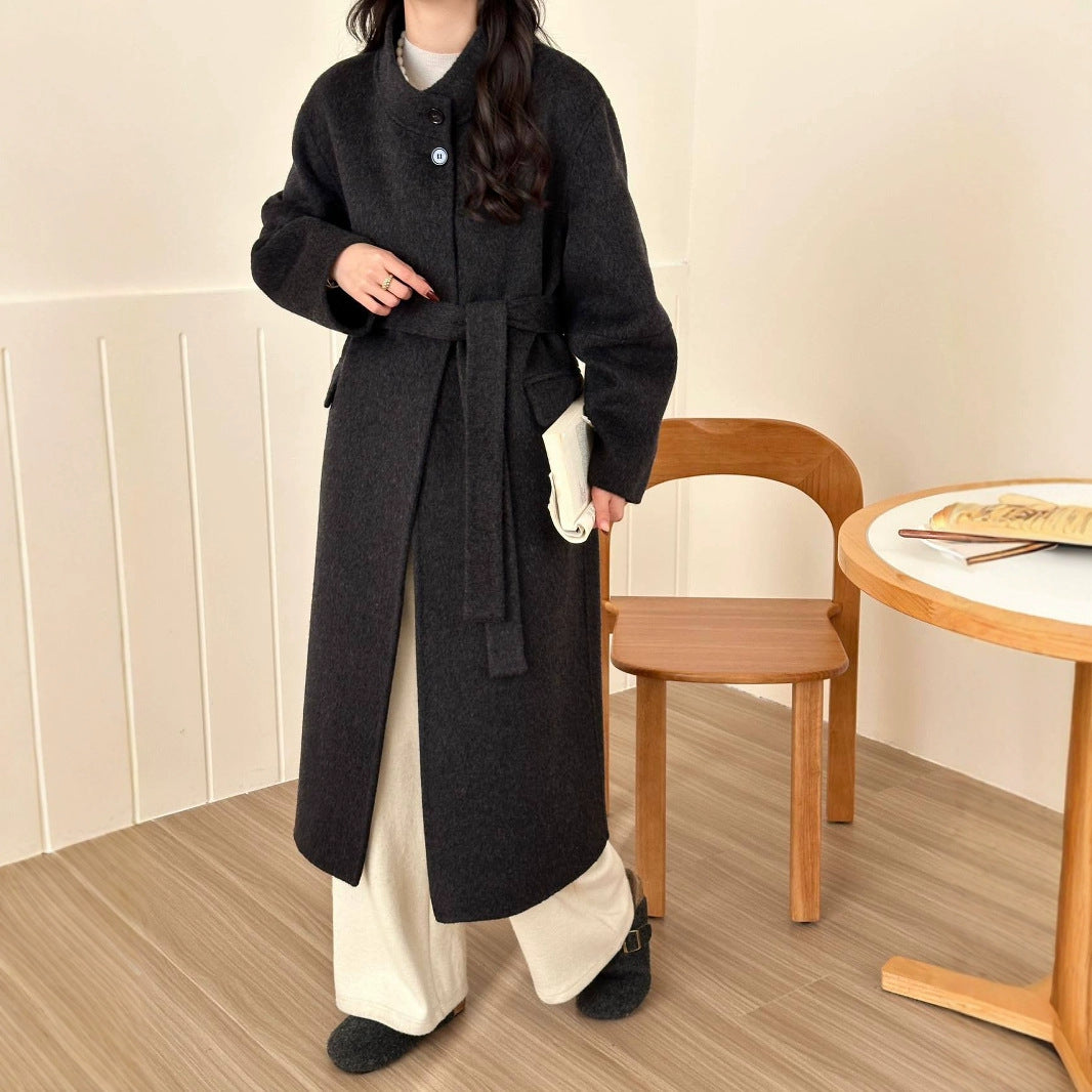 2025 Solid color stand-up collar extended strap-up high-end double-sided woolen cashmere coat women's wool woolen coat to keep warm in autumn and winter