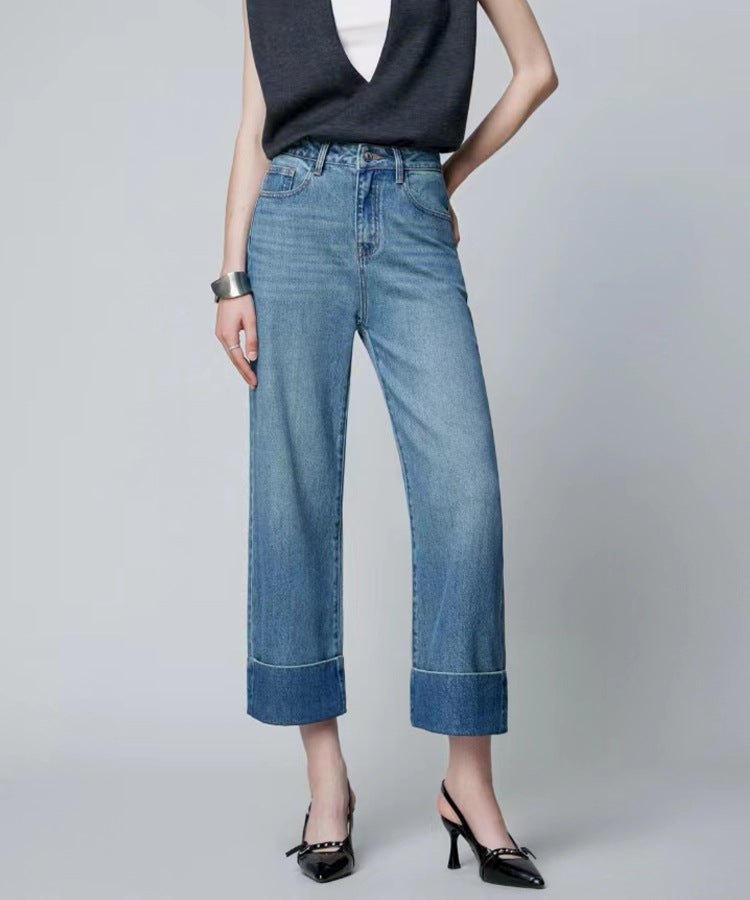 2025 popular Nanyou Women's High Waist Micro-elastic Jeans Flip Foot Straight Nine-Point Pants Exquisite Large Straight Through Jeans Women