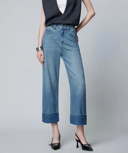 2025 popular Nanyou Women's High Waist Micro-elastic Jeans Flip Foot Straight Nine-Point Pants Exquisite Large Straight Through Jeans Women