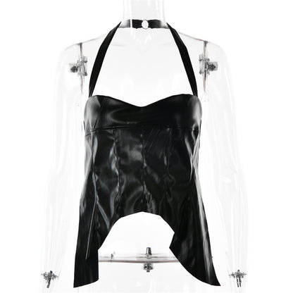 2025 New  spring and summer new sexy leather neck vest female Spice Girl temptation slim-fitting chest-wrapping top