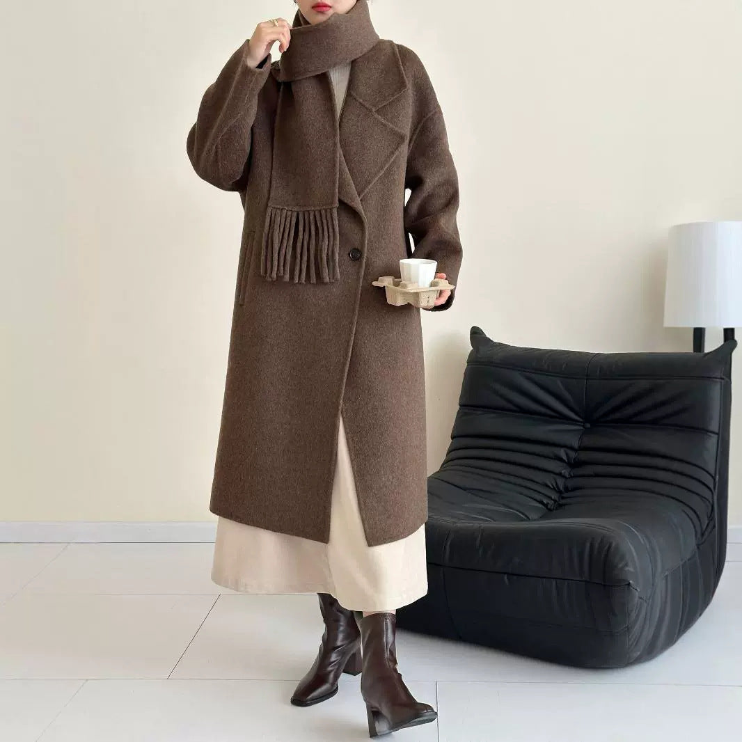 2025 Cashmere wool scarf, suit collar, single-breasted shoulder sleeves, extended double-sided woolen cashmere coat, autumn and winter.