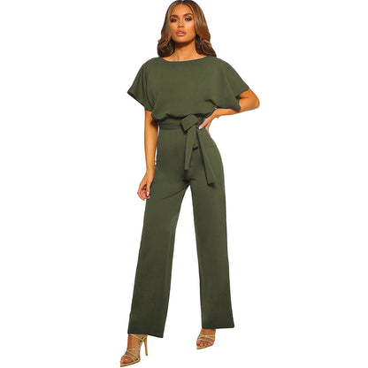 flowersverse HOTan and NEWn Women's Clothing High Waist Wide Leg Pants for Women Summer New Solid Color Pullover round Neck Short Sleeve Lace-up Jumpsuit for Women