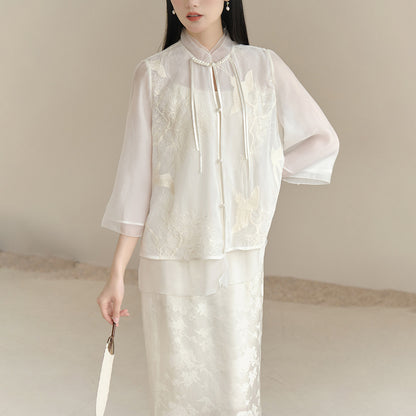 New Chinese suit women's two-piece set, embroidered Tang suit top women's summer shirt, jacquard suspender dress