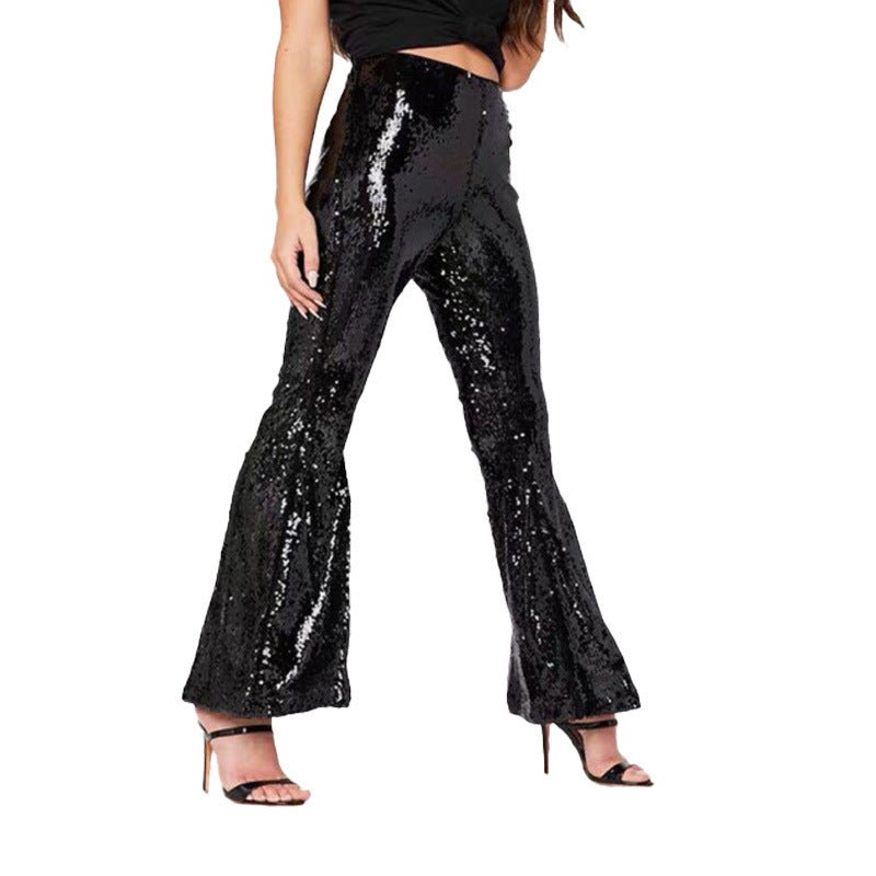 FLOWERSVERSE  X8077 European and American Independent Station Cross-Border Women's Clothing Sexy Nightclub See-through Sequins Loose Flared Pants with Lining