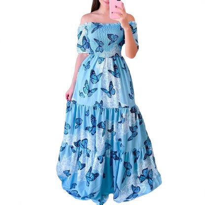 FLOWERSVERSE 20252025  new high-waisted temperament commuter chest-wrapped printing loose blue butterfly printing big pendulum dress