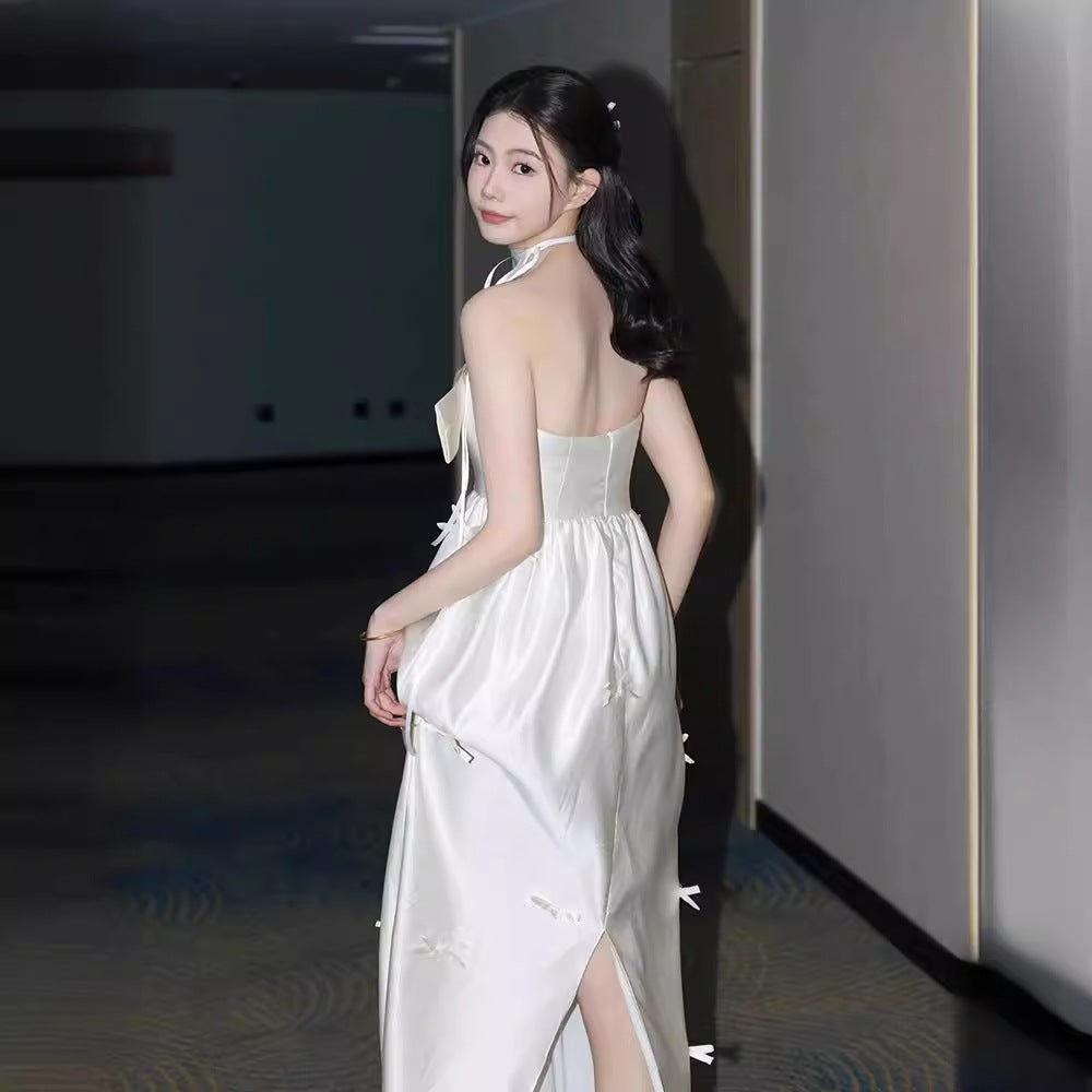 2025 light wedding dress bridal high-end niche tube top satin white morning gown engagement certificate bow dress skirt