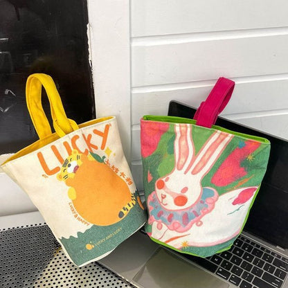FLOWERSVERSE  New Cartoon Canvas Bag Bucket Bag Printed Cute Small Handbag Contrast Color Bento out Rabbit Small Carrying Bag