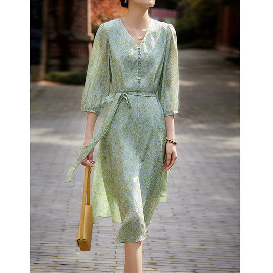 2025 Silk dress, refreshing lantern sleeves, high-end mulberry silk skirt  summer women's clothing new medium and long models
