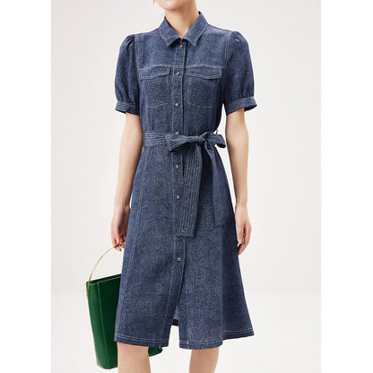 2025 Heavy silk dress, denim printing waist design, Hangzhou mulberry silk summer new women's skirt