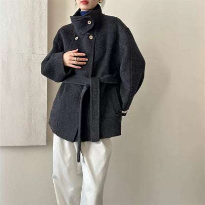 2025 Stand-up collar lace-up shoulder sleeves solid color wool double-sided cashmere coat woolen jacket versatile autumn and winter casual versatile
