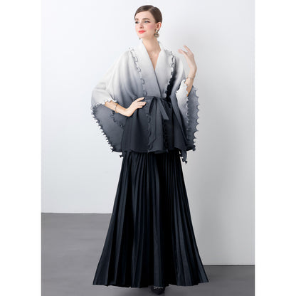 Fashion suit women's clothing strap waist gradual change color pleated cardigan top high waist pleated skirt two sets
