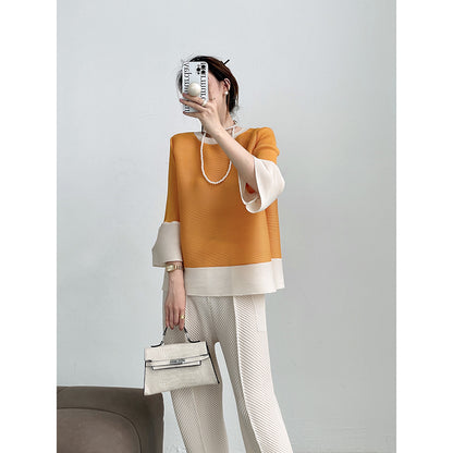 Miyake  summer new round neck color matching lantern sleeves loose pleated top femininity thin versatile T-shirt