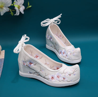 flowersverseHigh Heel the Han-Style Clothing Shoes Women's Ancient Style Height Increasing Insole Seven cm Embroidered Cotton Shoes Matching Retro Matching Student Dancing Shoes