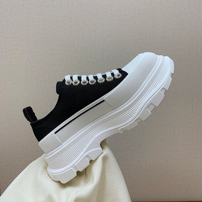 flowersverseWomen's Thick-Soled Height Increasing Canvas Shoes Ins Fashionable  All-Matching Casual Sports Dad Shoes Breathable Lace up White Shoes