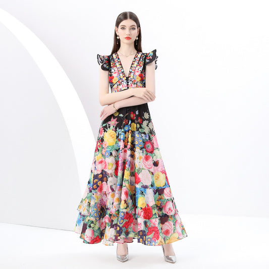 court style deep V-neck small flying sleeves waist thin single-breasted printing split-ended ruffle edge holiday dress