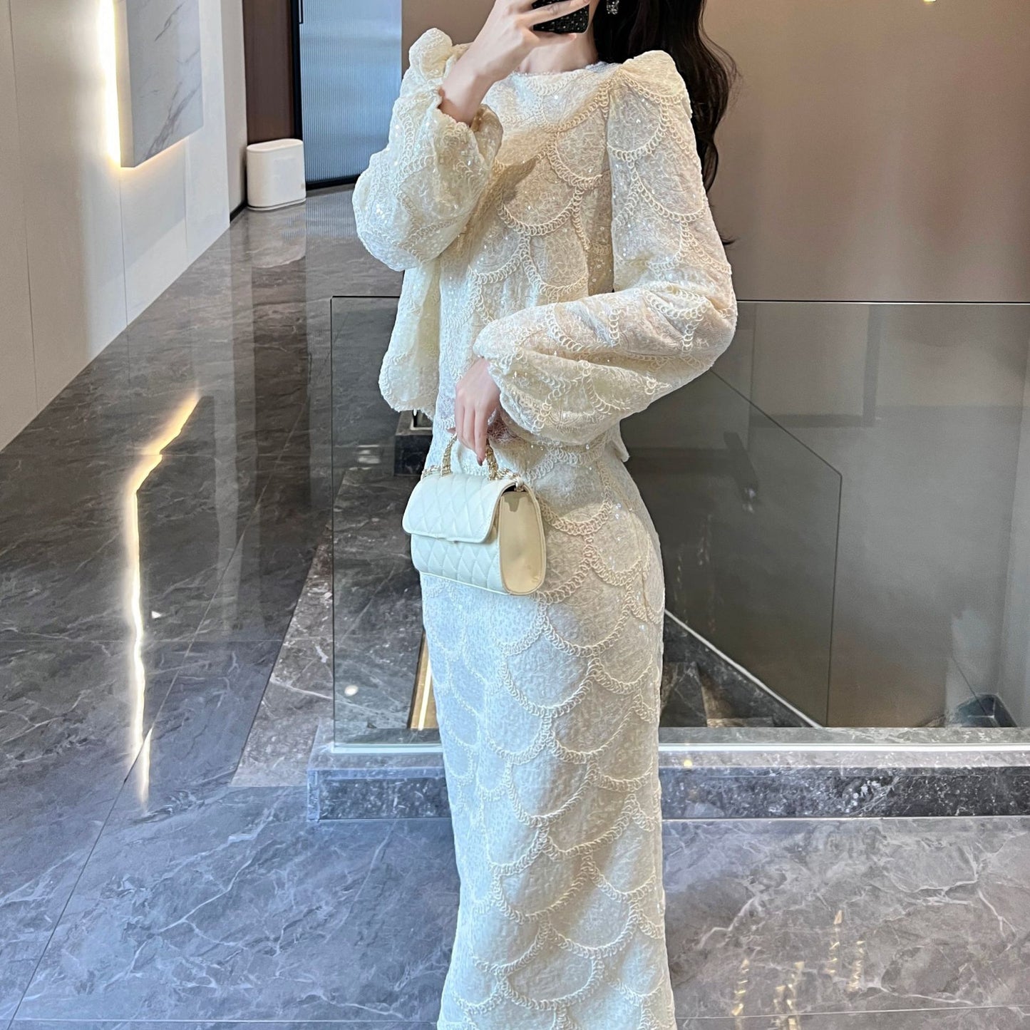 2025 early spring  celebrity heavy industry sequined small fragrant lace top skirt two-piece set