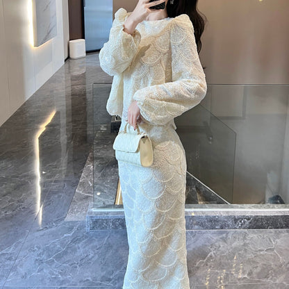 2025 early spring  celebrity heavy industry sequined small fragrant lace top skirt two-piece set