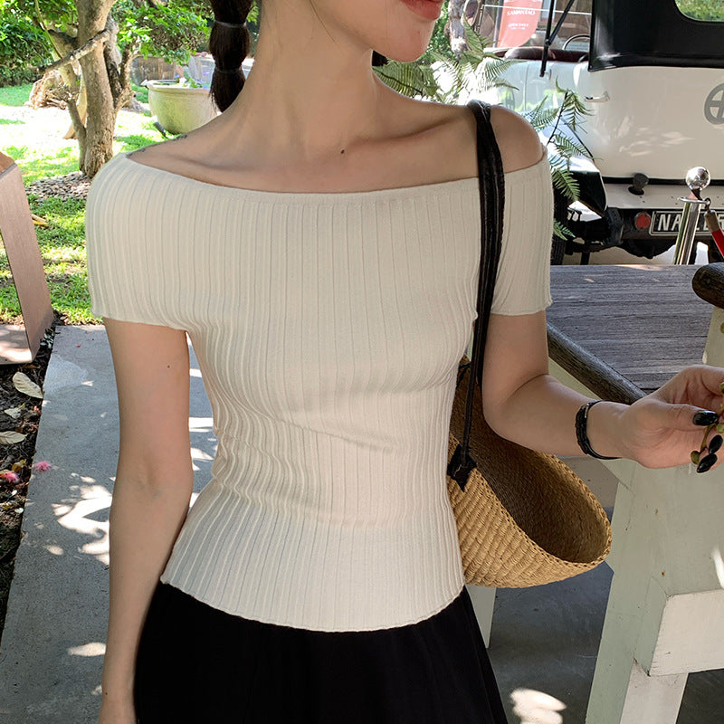 2025 Spring and Summer New Versatile One-Word Neck Slim-fit Bottom Knitted Sweater Short Sleeve T-Shirt Women's Top 25217