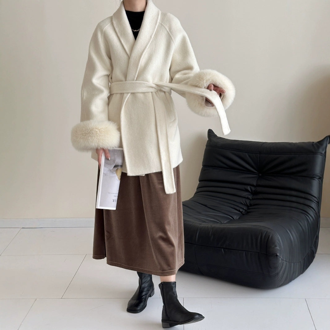 2025 Fox fur shoulder sleeves lapel cuffs removable double-sided wool coat medium and long lace-up woolen jacket autumn and winter