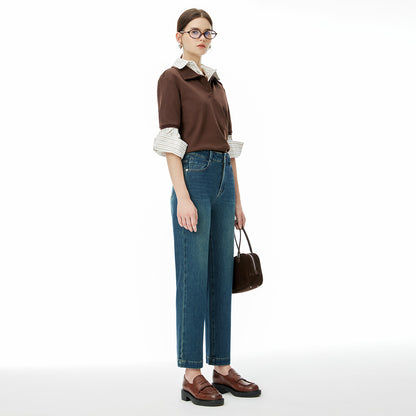 2025 popular autumn and winter new women's clothing slim-fitting high-waisted four-sided elastic denim nine-point pants Vientiane elastic fashion jeans women