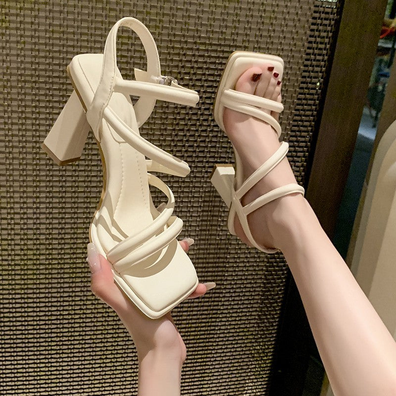 flowersverse  Chunky Heel Mid Heel Gentle and All-Match Sandals Fairy Style  New Summer Online Influencer Refined Ankle-Strap Buckle High Heels