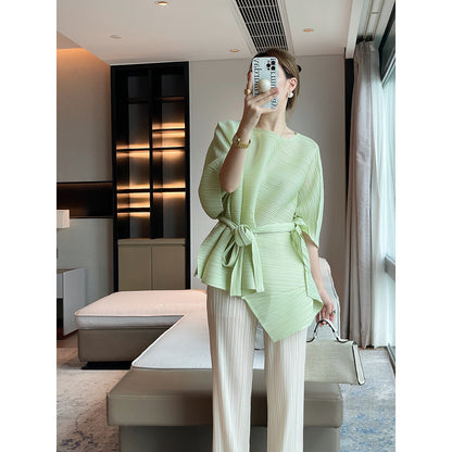 Miyake  summer new pleated top irregular pleated short sleeve loose medium and long crew neck T-shirt