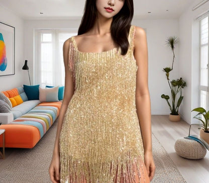 FLOWERSVERSE 2025 Hot Trade  Fashion Tassel Sequin Party Sexy U-Neck Suspender Feather Splicing Dress Dress