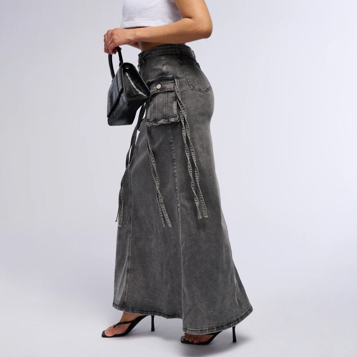 2025n new retro wrong waist design sense niche denim tooling skirt hip wrap cool sa style high waist skirt