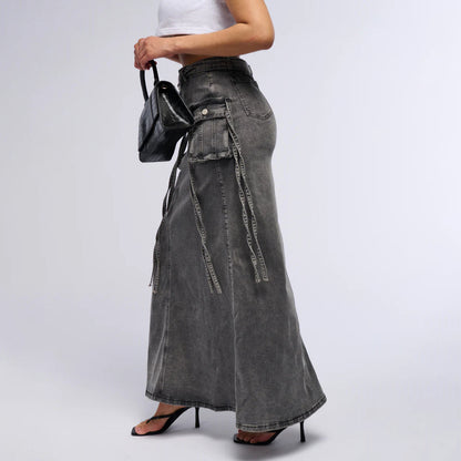 2025n new retro wrong waist design sense niche denim tooling skirt hip wrap cool sa style high waist skirt