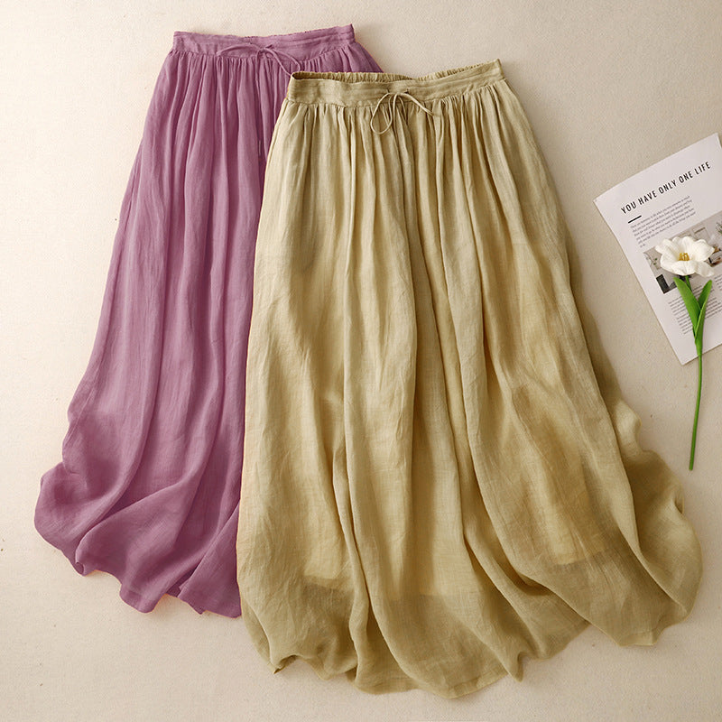 summer new literary and retro national style elastic waist cotton and linen loose and versatile yoga double-layer elegant skirt
