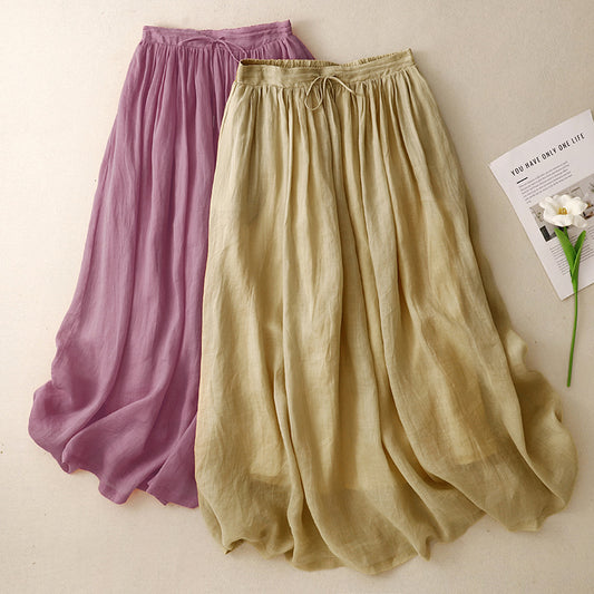 summer new literary and retro national style elastic waist cotton and linen loose and versatile yoga double-layer elegant skirt