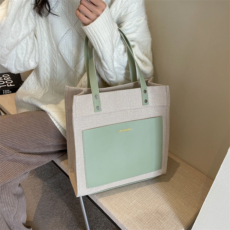 FLOWERSVERSE  Tote Bag Large Capacity Contrast Color Canvas Vertical Tote  New Fashion Retro Commuter Shoulder Messenger Bag