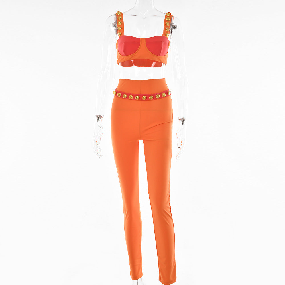 2025 New autumn hot-selling suit women's fashion willow buckle suspender color matching tube top casual trousers two-piece set