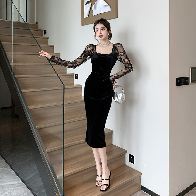 2025 New Year's robe velvet lace dress female autumn and winter socialite sexy hip-wrapped little mother long dress square neck Hepburn skirt