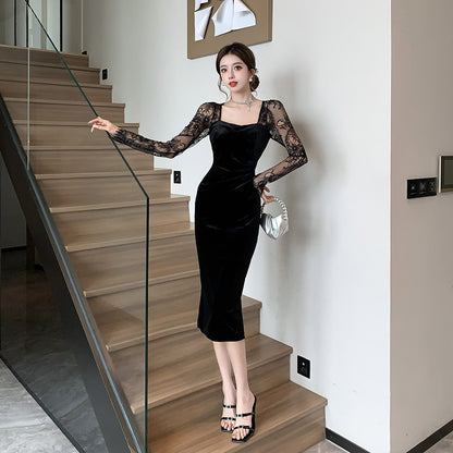 2025 New Year's robe velvet lace dress female autumn and winter socialite sexy hip-wrapped little mother long dress square neck Hepburn skirt