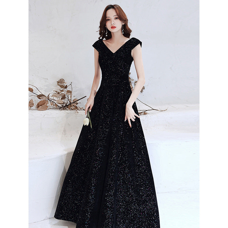 2025 Temperament evening dress women's  new black velvet dress celebrity temperament  banquet dress spring