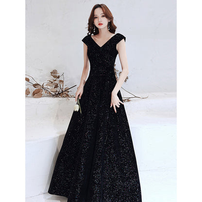2025 Temperament evening dress women's  new black velvet dress celebrity temperament  banquet dress spring
