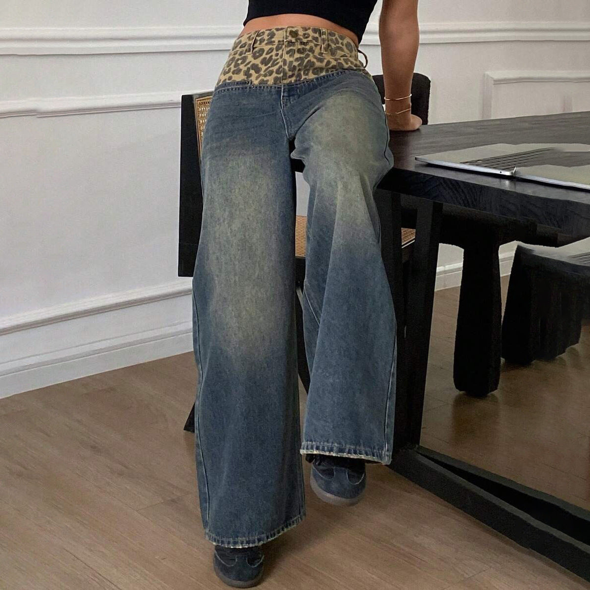Tide splicing retro leopard print wide-leg pants jeans women's versatile niche 2025n old loose breathable straight-leg pants