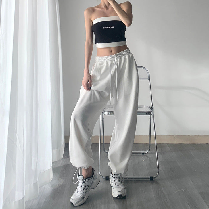 flowersverse [Original Quality Beige Colored Wool] Spring and Autumn Loose Wide Leg Track Pants Summer HOTan and NEWn Ins Casual Pants Ankle-Tied Sweatpants Female Fashion